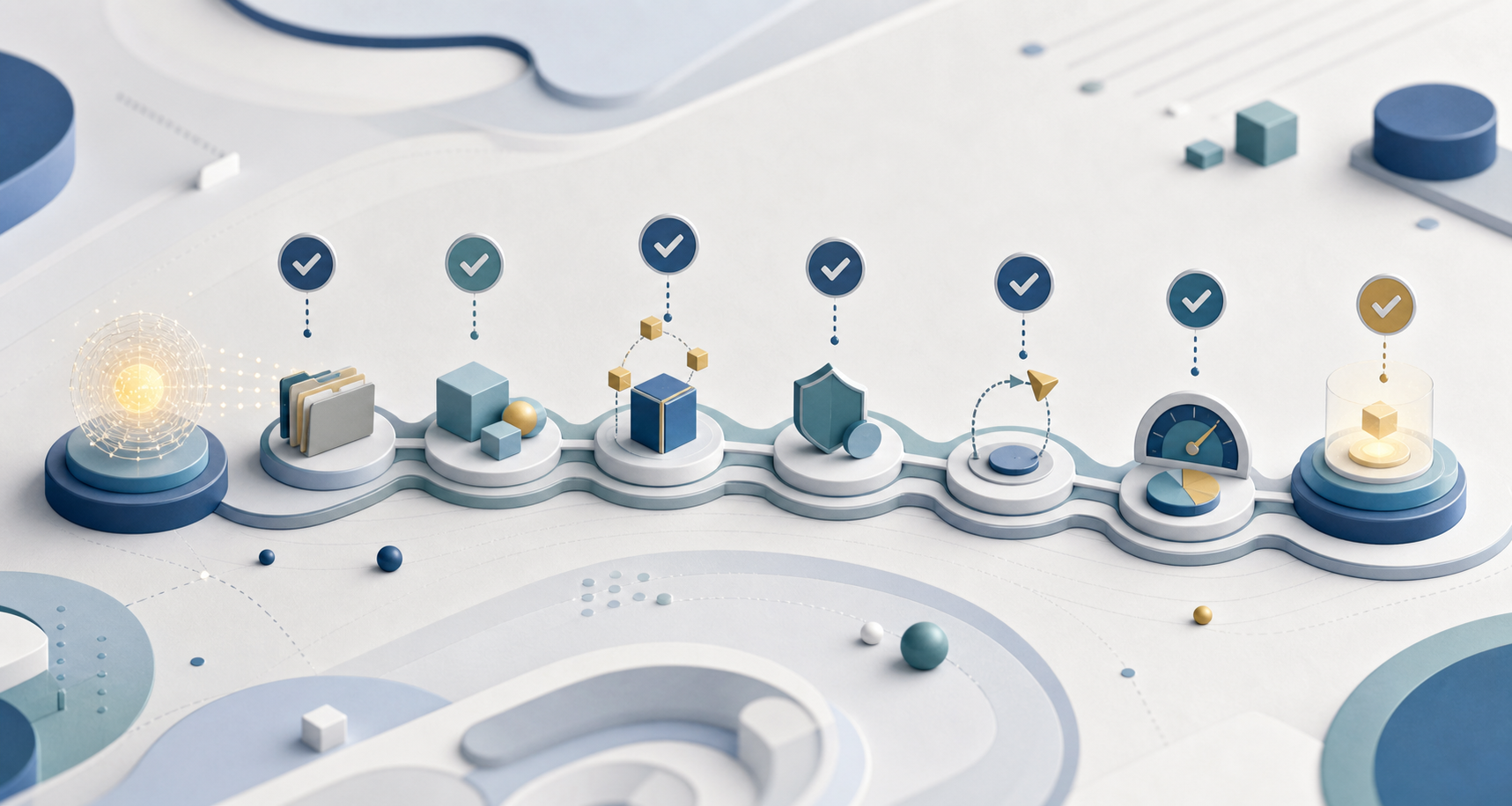 Abstract testing path with seven checkpoints for an AI workflow